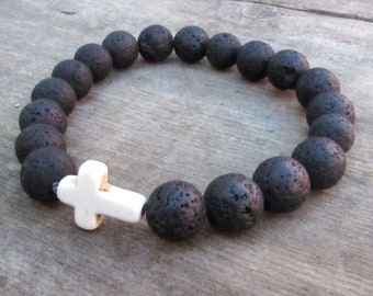 Cross Lava Men's Bracelet,Men, Cross Men's Bracelet,Lava Beaded Jewelry,Lava, Christian,Essential Oils, Stone Bracelet,Men's Jewelry,Cross