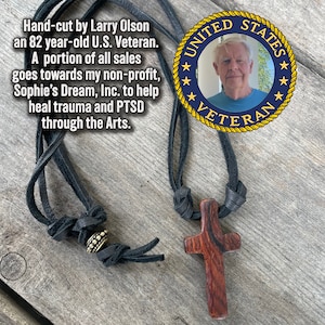 Hand-carved Cocobolo Wooden Cross, Made by 82 year old US Veteran,One-of-a-Kind,Deerskin Leather Necklace,Old Rugged Cross,Christian,Cross
