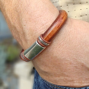 Men's Tobacco Leather Bracelet: Free Shipping. Genuine Leather, Silver-Plated Pewter with Magnetic Clasp. Tobacco