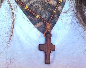 Hand-Carved Wood Cross Necklace, Miyuki Beads, Christian Jewelry
