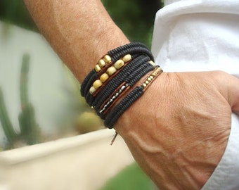 Men's Wrap Bracelet with Solid Brass Beads from Africa