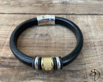 Men's Gold/Silver and Black Cuff Leather Bracelet, Licorice Leather,Magnetic Clasp,Gift for Dad or Grad,Classy gifts for Men,Gold Plated