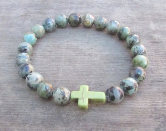 Green/Blue Agate Cross Bracelet, Men Christian, Men Bracelet, Agate Gemstone Beaded Jewelry, Green Beaded Accessories, Stone Bracelet,