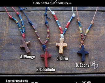 Hand-Carved Wooden Cross Necklace, Miyuki Beads, Veteran Made