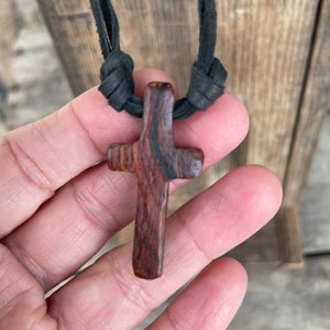 Hand-Carved Cocobolo Cross Necklace, Deerskin Leather, Christian Jewelry