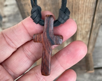 Hand-carved Cocobolo Wooden Cross, Made by 82 year old US Veteran,One-of-a-Kind,Deerskin Leather Necklace,Old Rugged Cross,Christian,Cross