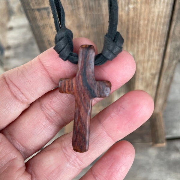 Hand-carved Cocobolo Wooden Cross, Made by 82 year old US Veteran,One-of-a-Kind,Deerskin Leather Necklace,Old Rugged Cross,Christian,Cross