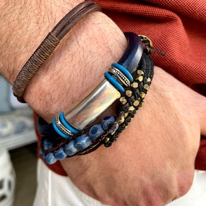 Men's Tobacco Leather Bracelet: Free Shipping. Genuine Leather, Silver-Plated Pewter with Magnetic Clasp. Navy