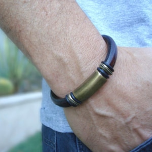 Men's Tobacco Leather Bracelet: Free Shipping. Genuine Leather, Silver-Plated Pewter with Magnetic Clasp. image 6