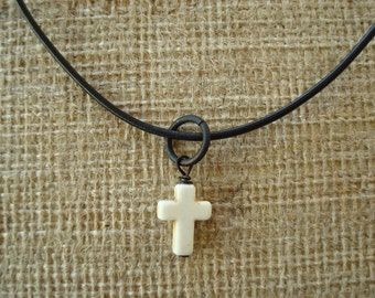 Stone Cross Necklace. Various Colors. Boho Chic. Leather Cross Necklace, Christian Jewelry, Cross Necklace, Baptism Gift, Confirmation Gift,