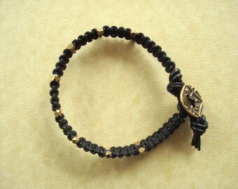 Men's Macrame Bracelet with Genuine Leather, Solid Brass Beads from Africa