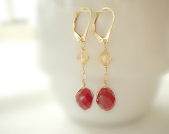 Beautiful Gold and Faceted Ruby Quartz Stone Earrings with Champagne Swarovski Crystals