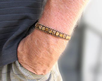 Men's Macrame Leather Bracelet with Brown and Mustard Agate Square Stones