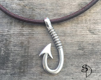 Sterling Silver-Plated Fish Hook Necklace, Dearskin Leather, 3mm Leather,Fishing,Boating,Ocean,Fish,Fish-hook,Beach,Men's Beach Jewelry