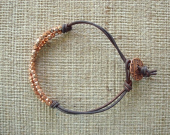 Men's Bracelet: Genuine Black/Brown Leather, Copper Beads from Africa