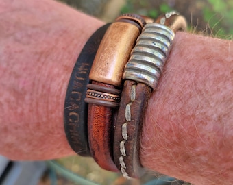 Hatak (Man) - Men's Espresso Licorice Leather Bracelet: Free Shipping. Genuine Leather, Brass-Plated Pewter with Magnetic Clasp.