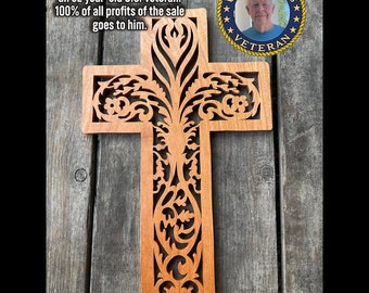 Hand-Carved Cherry Wood Cross, Christian Wall Decor