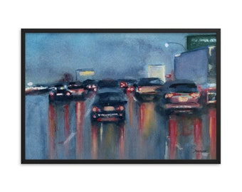 Cars in the Rain Poster 36" x 24". Artwork by Sonserae Leese (Watercolor and Gouache Print)