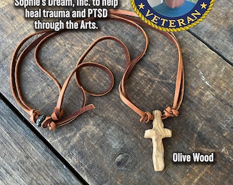 Hand-carved Olive Wooden Cross, Made by 83 year old US Veteran,One-of-a-Kind,Deerskin Leather Necklace,Old Rugged Cross,Christian,Cross