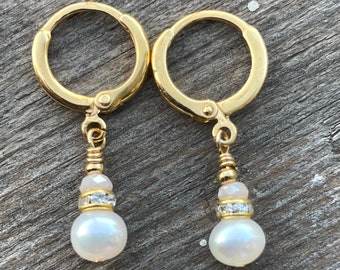 Genuine Cultured Pearls,Delicate Earrings, Swarovski crystals, gold hoops, wedding party gift, wedding earrings,bridal party, gold rondelles