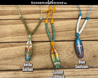 Hand-Carved Surfboard Necklace, Miyuki Beads, US Veteran Made