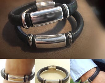 Men's Licorice Leather Bracelet: Free Shipping. Genuine Leather, Silver-Plated Pewter with Magnetic Clasp.Various Colors/Metals,Copper,Brass