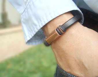 Men's Licorice Leather Black Bracelet: Free Shipping. Genuine Leather, Copper-Plated with Magnetic Clasp.