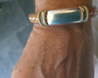Stitched Tan Leather Bracelet: Silver-Plated Pewter, Magnetic Clasp