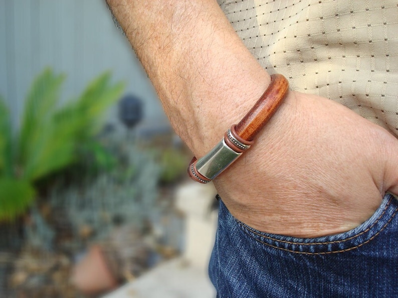 Men's Tobacco Leather Bracelet: Free Shipping. Genuine Leather, Silver-Plated Pewter with Magnetic Clasp. Tobacco