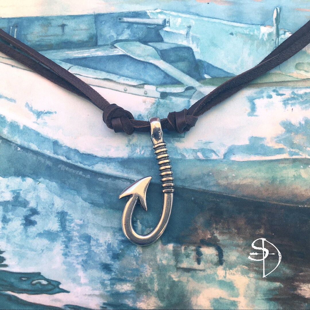 Sterling Silver-plated Fish Hook Necklace, Dearskin Leather, 3mm Leather, fishing,boating,ocean,fish,fish-hook,beach,men's Beach Jewelry 