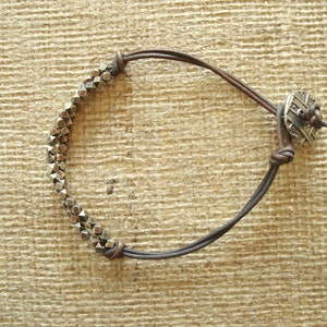 Men's Bracelet: Genuine Black/Brown Leather, Antiqued Silver-Filled Beads from Africa