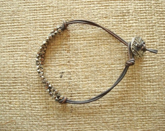 Men's Bracelet: Genuine Black/Brown Leather, Antiqued Silver-Filled Beads from Africa