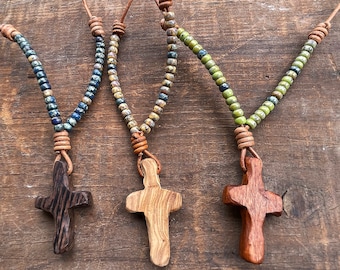 Hand-Carved Wood Cross Necklace, Miyuki Beads, Christian Jewelry