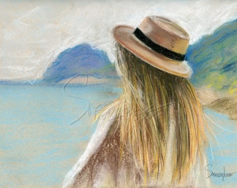 Pastel Print, Girl at the Beach,Pastel Archival Print,Limited Edition Print, Archival Print, Pastel Print,Archival Print Giclee,Ocean,