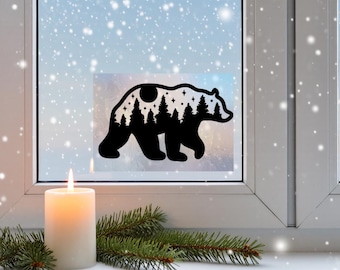 Celestial Bear Static Window Cling – Forest Night Vinyl Decor (7x5)