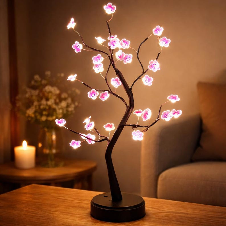 Árbol decorativo iluminado con LED • Flores y hojas iluminadas • Lámpara ambiental de diseño • Decoración interior moderna
