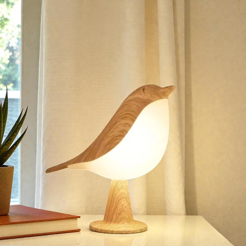 Lámpara de pájaro: luz nocturna LED de madera, lámpara de mesa táctil, recargable e inalámbrica, luz regulable de 3 colores para niños.