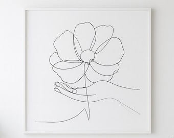 Minimalist Single Line Flower Art, One Line Floral Printable, Modern Scandinavian Wall Decor, Continuous Line Drawing, Digital Download.