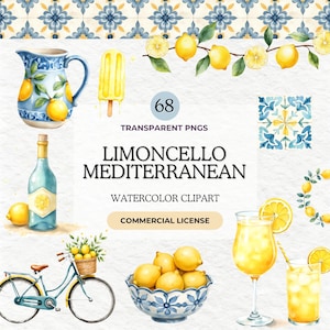 May include: A watercolour clipart set with a Mediterranean theme, featuring lemons. Includes a blue and white jug, a bottle, a bicycle with a basket, and a bowl of lemons. The text reads "Limoncello Mediterranean Watercolor Clipart".
