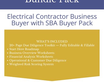May include: A bundle pack with the text "Bundle Pack" and "Electrical Contractor Business Buyer with SBA Buyer Pack." The image includes a list of included items such as a due diligence toolkit, roadmap, worksheets, and a risk scoring system. The author is Dr. Kevin Duffy.