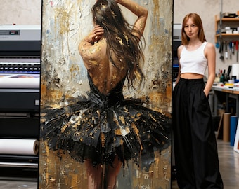 Elegant Ballerina Back View Canvas, Abstract Ballet Dress Wall Art, Modern Dance Decor, Gold Accents Canvas, Contemporary Home Print Art