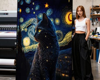 星空の夜の黒猫キャンバス、ゴッホ風の壁アート、夜空の絵画、動物愛好