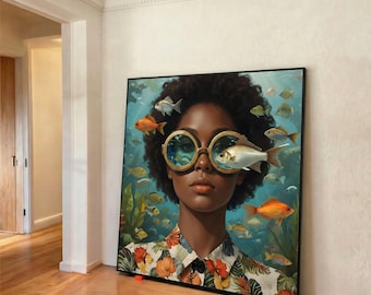 Underwater Vision, Woman with Fish Goggles Canvas, Surreal Ocean Life Wall Art, Contemporary Marine Portrait Canvas, Artistic Home Print Art
