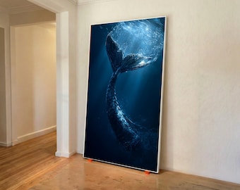 神秘的な人魚のしっぽのキャンバスアート、オーシャンブルーの水中プリント