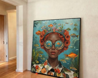 Underwater Fantasy Portrait, Woman with Red Hair and Fish Glasses Canvas, Surreal Marine Life Wall Art, Vibrant Ocean Scene Print Art