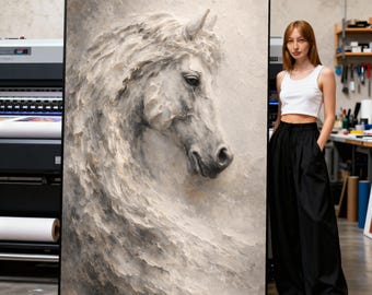 Majestic White Horse Canvas Wall Art, Style Animal Portrait, Neutral Toned Equestrian Decor, Horse Lover Gift, Ready to Hang Print Art