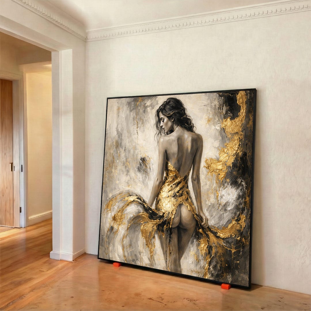 Elegant Woman in Gold Dress Canvas, Abstract Female Figure Wall Art ...