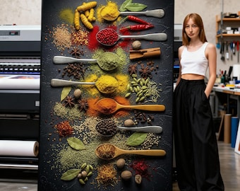 Colorful Spice Collection Canvas Wall Art, Culinary Kitchen Decor, Gourmet Herb and Spice Display, Vibrant Food Photography Print Art