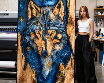 Mystic Wolf Canvas Wall Art, Abstract Animal Painting, Blue and Gold Nature Decor, Wild Wolf Portrait Canvas, Modern Living Room Print Art