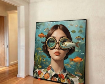 Surreal Underwater Vision, Woman with Fish Glasses Canvas, Ocean Life Wall Art, Contemporary Surreal Canvas, Home Decorative Art Print Art